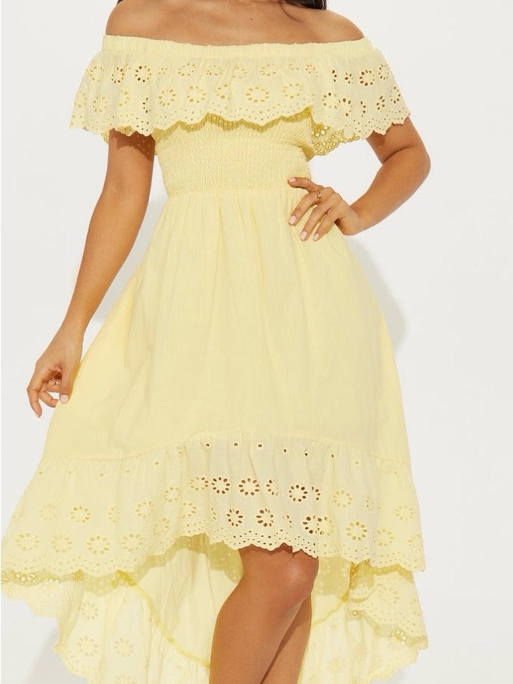 Fashion Nova Yellow Off-Shoulder Eyelet High-Low Dress